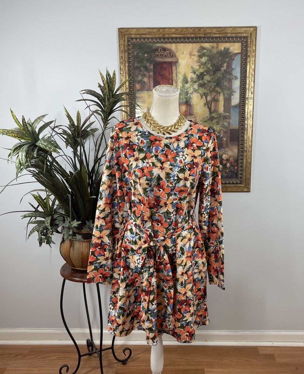 SHEIN Floral Tie Waist Dress Women’s Small/4 Long Sleeve Stretch Mini Boho